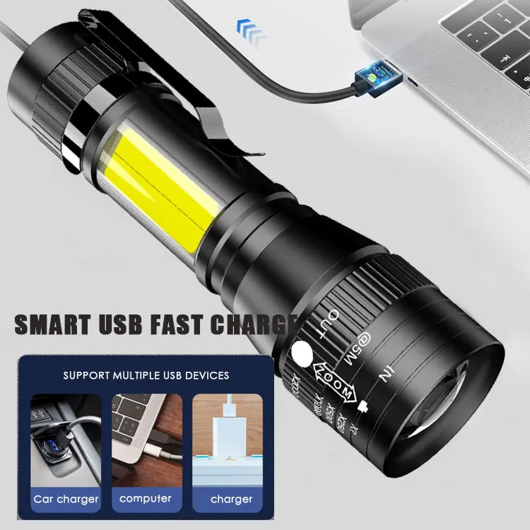 Nešiojamas USB Įkraunamas LED Žibintuvėlis Zoom COB+T6 įmontuota Baterija Taktinis Žibintuvėlis 3 Režimas Vandeniui Emergenc Darbo Lemputė Nuotrauka 3